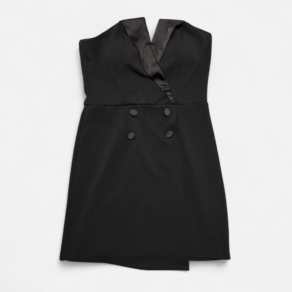 Black Strapless Tuxedo‎ Style Dress Double Button Accent V Neckline - Size L
